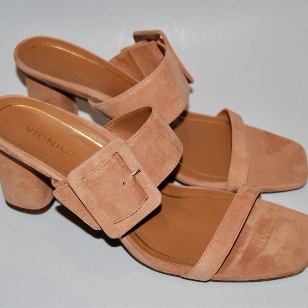 Vionic Women's Suede Block Heeled Mule Sandals in Blush Size 11